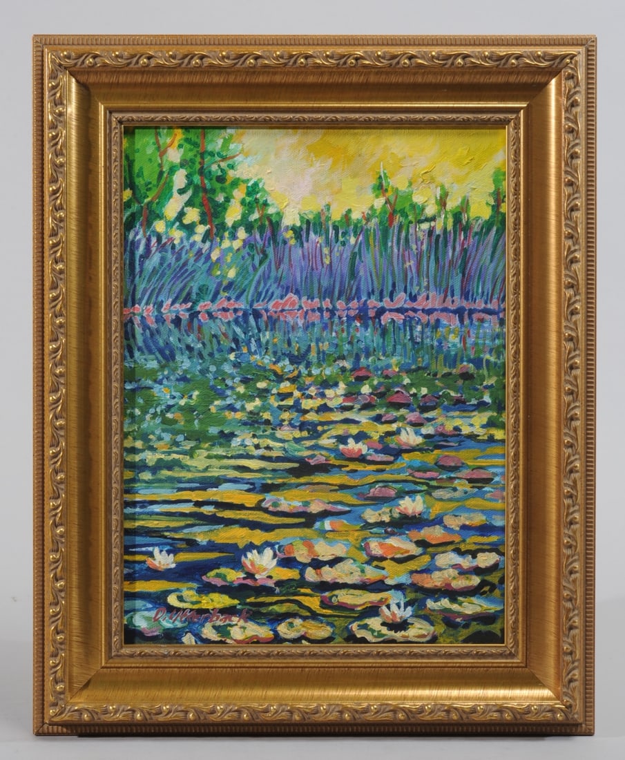 Oil Painting Water Lillies by J. David Utterback: Cobntemporary oil on canvas in brilliant colors depicting water lilies beneath a yellow sky. Signed lower left: D. Utterback. Frame, approx. 15 1/2" x 12 1/2". Sight, approx. 11 3/8" x 8 3/8".