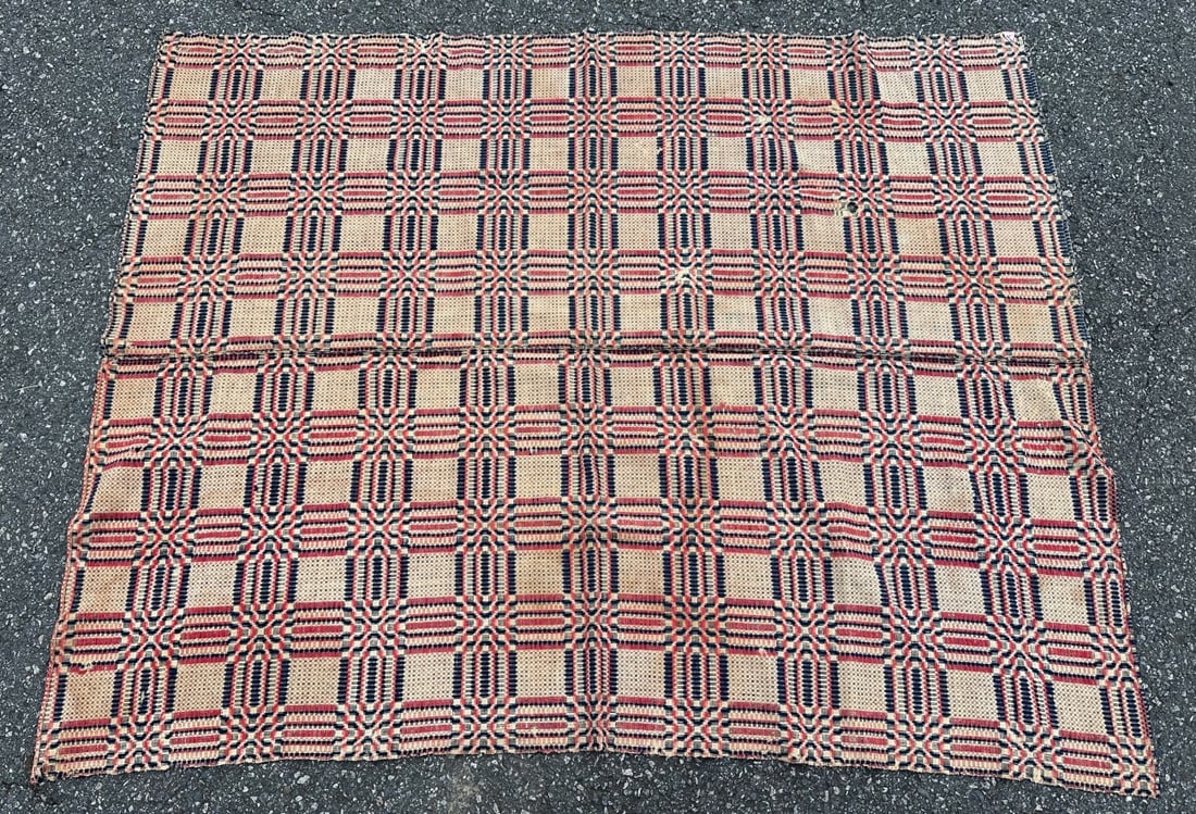 19th C. Overshot Coverlet, Red, White & Blue (1 of 7)