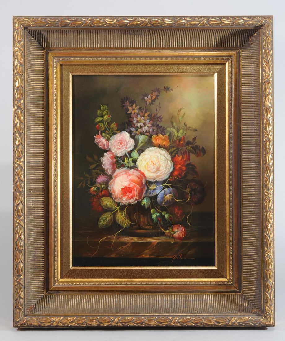 Oil on Panel Floral Still Life: Signed Peter lower right, in gilt frame. Visible image: approx. 15 1/2" x 11 1/2". Frame: approx. 24 3/4" x 20 3/4".