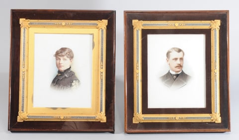 2 Antique Hand Painted Portrait Print Plaques