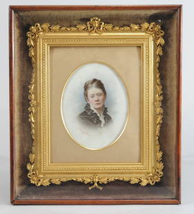 Antique English Hand Overpainted Photo Plaque: Portrait of a lady, on porcelain or milk glass, marked to front for Hennah & Kent and J.S.K., with partial original label taped to back of shadowbox frame. Thomas Hennah and William Kent established a