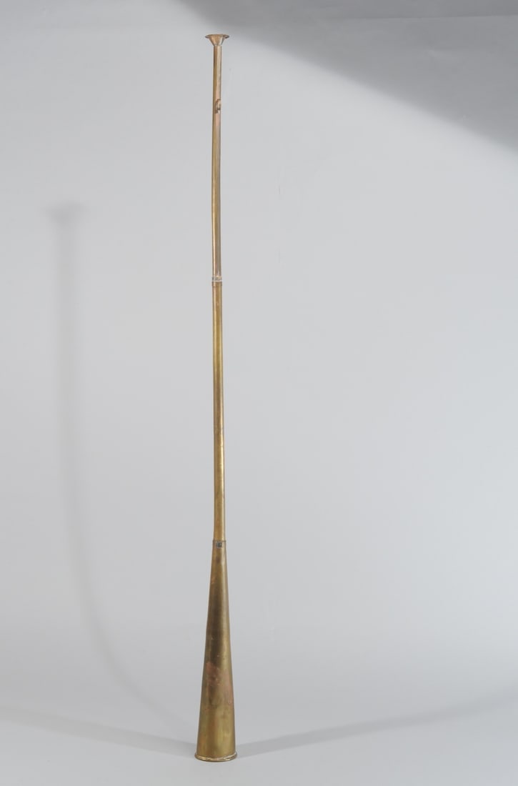 Antique Brass Heralding Horn: In two pieces, the top sliding up to assemble. Some dings and dents / in as-found condition. L: approx. 41 1/2" assembled, approx. 30" unassembled.