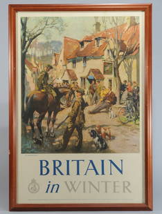 1940s "Britain in Winter" Travel Poster: Original 1948 travel poster "Britain in Winter" published by the Travel Association, Tourist Division of the British Tourist Tourist and Holdings board. Artwork by Terence Cuneo (1907 - 1996), printed