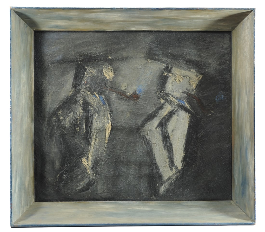 Phillip Pieck (1881 - 1955) Oil on Canvas: "Two Figs. a la Weber", signed lower right, titled and dated 1945 on verso. Homage to the great cubist painter, Max Weber. Pieck was a Roman Catholic Priest serving in the Philippines who came to New