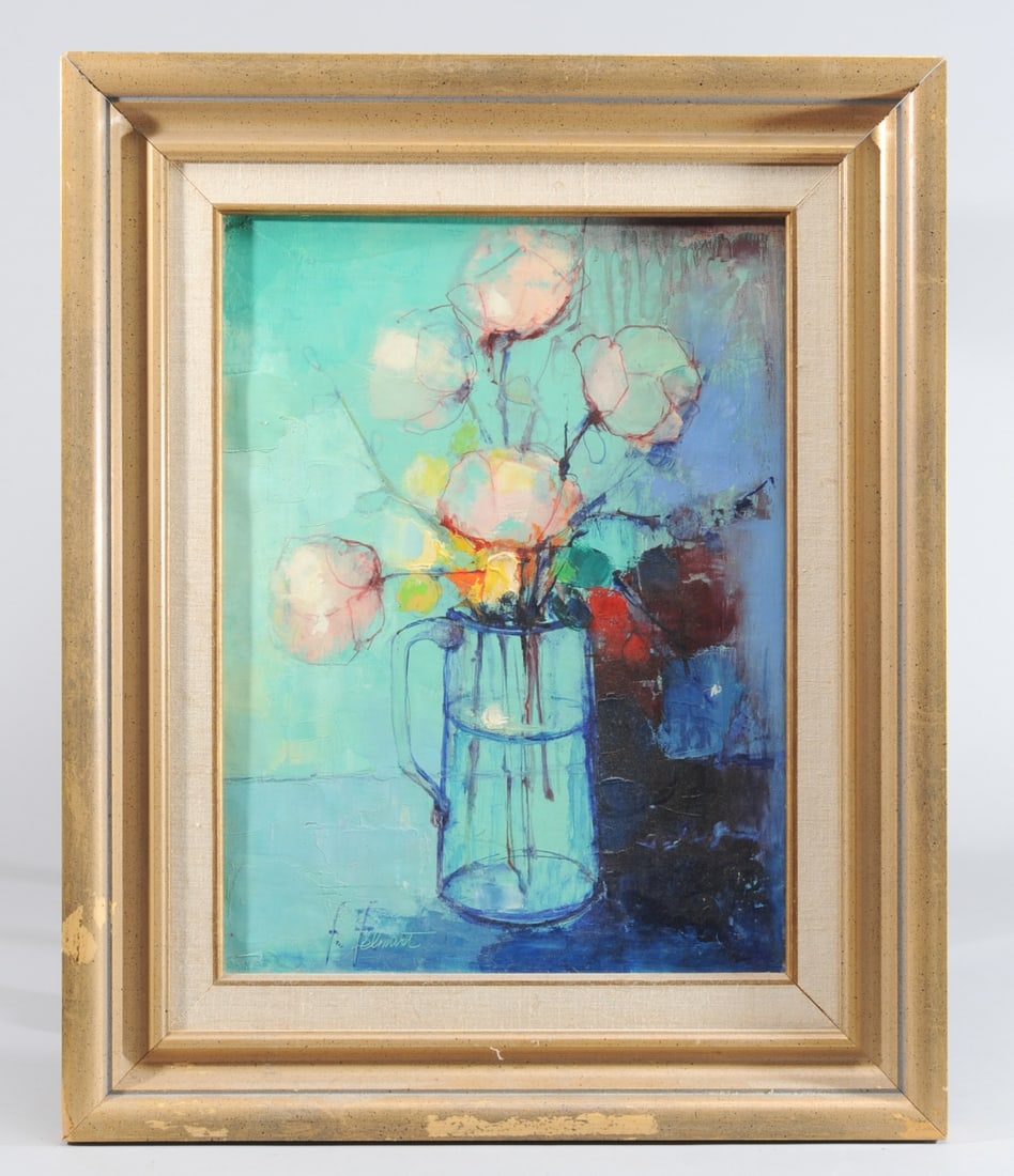 Felix Felmart (b. 1933) Oil on Canvas Still Life: Oil on canvas floral still life by Felix Felmart (Spain, b. 1933), signed lower left, framed. Visible image: approx. 15 1/2" x 11 11 1/2". Frame: approx. 22" x 18".