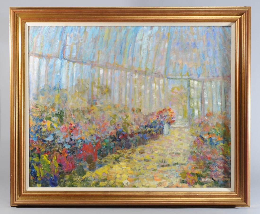 Holina Mindelsun (20th C) Oil on Canvas: Impressionist scene from the San Francisco Botanical Gardens, signed lower right, framed. Visible image: approx. 29 1/2" x 23 1/2". Frame: approx. 35 1/4" x 29 1/4".