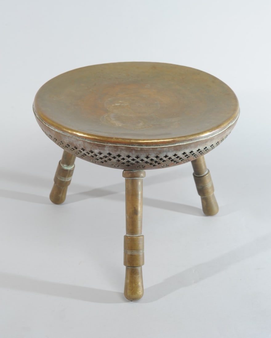 Brass Milking Stool: With ventilated warmer, no visible maker's marks. H: approx. 11 1/4". Seat Dia: approx. 14 1/4".