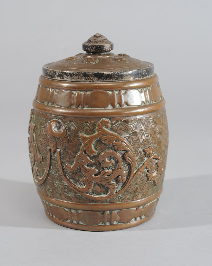 Royal Doulton Copper Clad Sterling Rim Humidor: Marked to underside for Royal Doultan, 8852, hd, etc., marked hd to underside of lid, small chip to underside of lid. H: approx. 5 1/2".