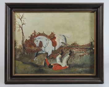 20th C. Oil on Canvas Rider Falling from Horse