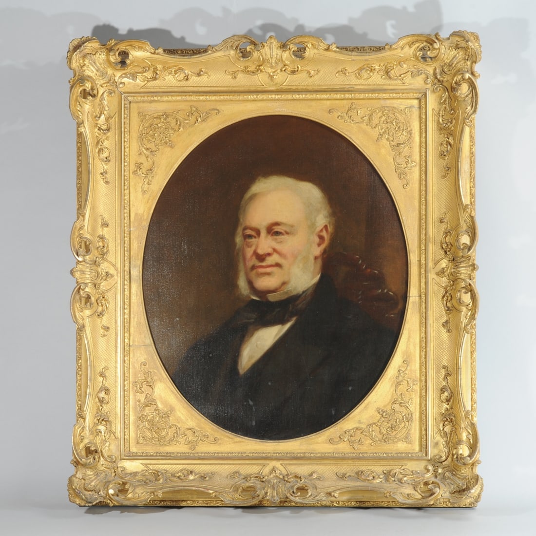 Late 19th C. Oil on Canvas Portrait of a Gentleman: Unsigned, in large gilt frame with partial James Connell & Sons (Glasgow and London) label to verso, some staining / water damage visible to verso. Visible image: approx. 27 1/2" x 22 1/4". Frame: app