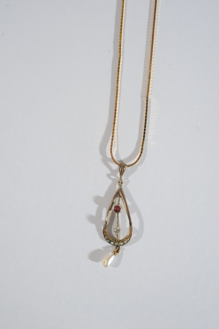 14K Gold Chain +: With gold-filled lavalier pendant with diamond accents and pearl drop. L: approx. 15 1/2". Chain weight (not including pendant): approx. 1.5 grams.