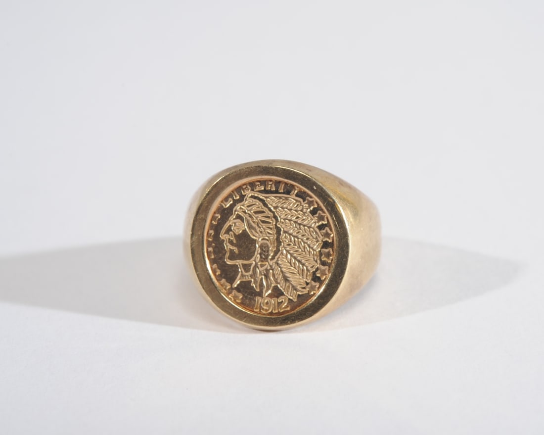 10K Gold Ring with 10K Gold Replica Coin: Size 6. Weight: approx. 3.6 grams.