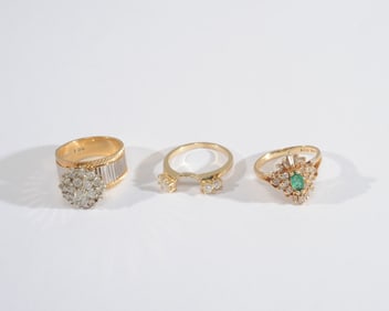 Three 14K Gold Rings with Diamonds, Emeralds