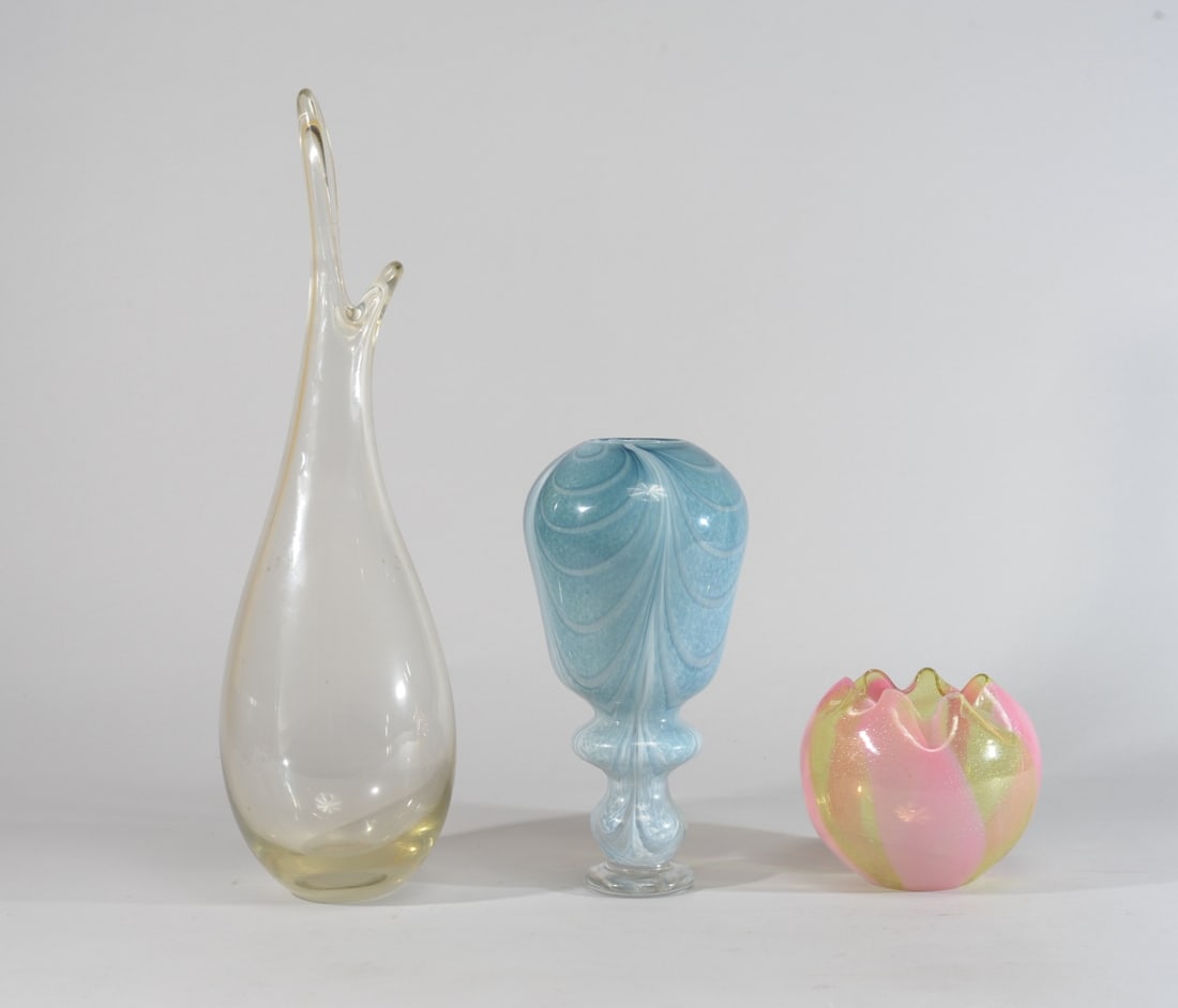 Art Glass Grouping, Holmegaard etc.: Including beak vase by Per Lutken for Holmegaard, signed to underside, blue and white unsigned vase, and unsigned ruffle vase. No visible chips, cracks or repairs. Tallest H: approx. 21".