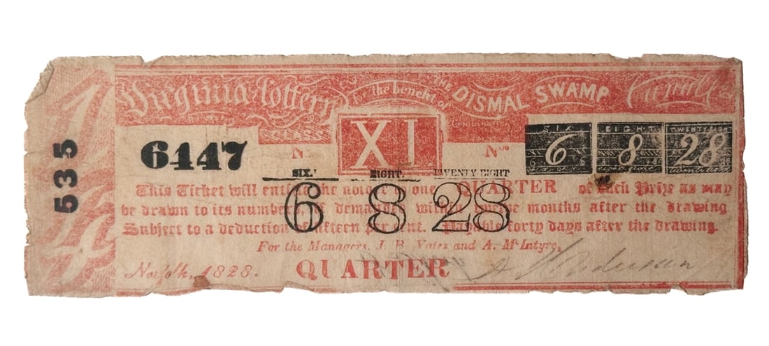 1828 Virginia Dismal Swamp Lottery Ticket: Probably Dismal Swamp Canal Company, 1828, signed. Approx. 6 1/4" x 2".
