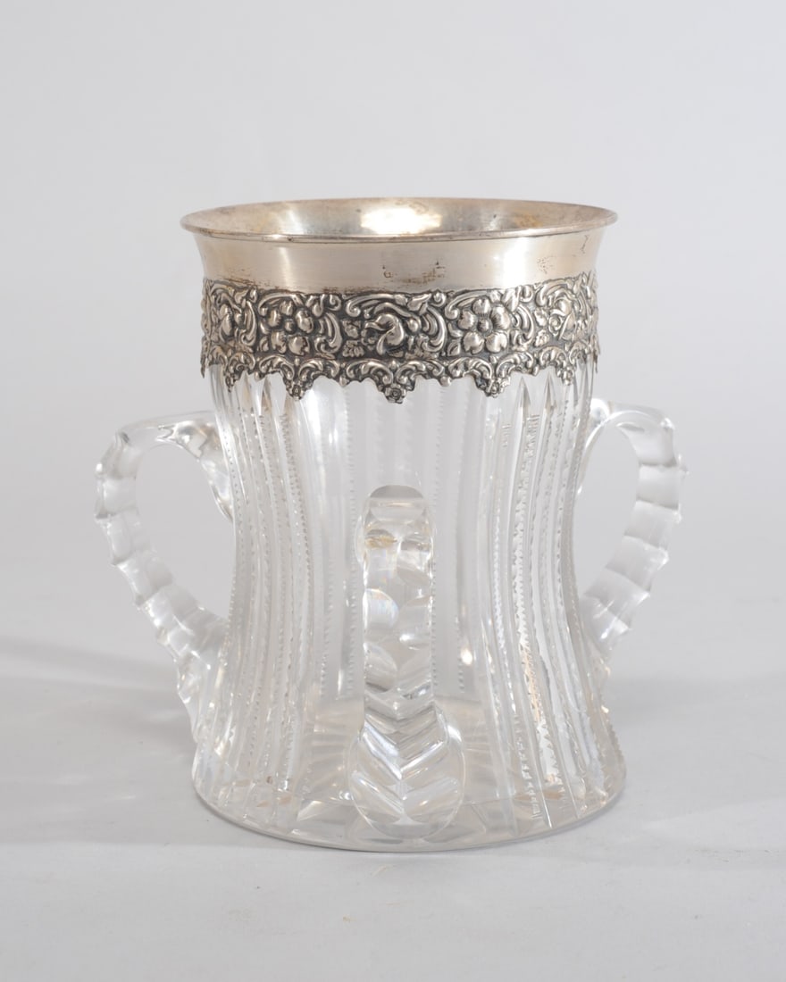 Sterling & Cut Glass 3-Handle Loving Cup: Sterling silver mounted cut glass loving cup, sterling with beehive mark, very minor chips near base. H: approx. 6 1/4". Provenance: the estate of John Long, highly regarded Virginia antiques dealer a