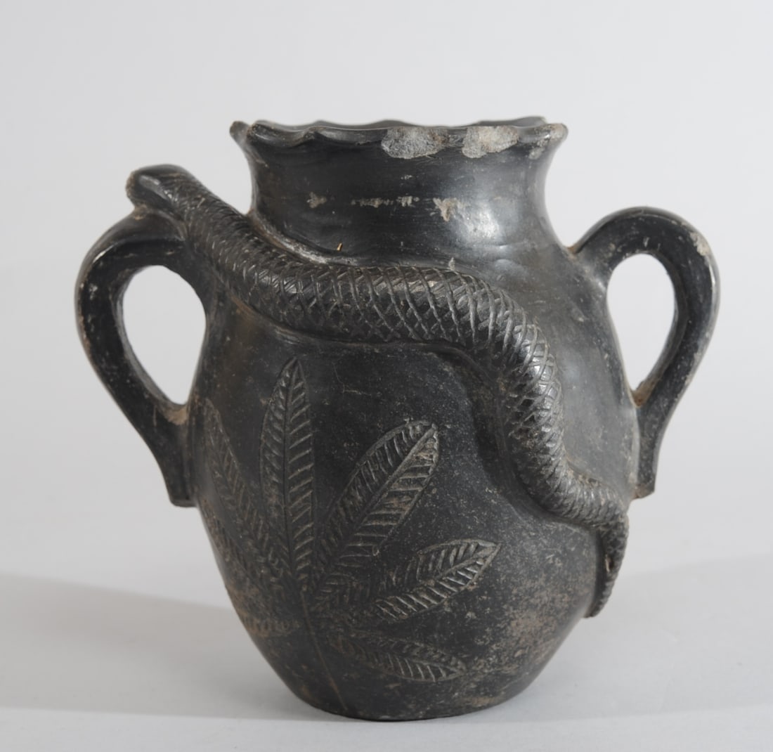 Folk Art Black Pottery Snake Vessel (1 of 8)