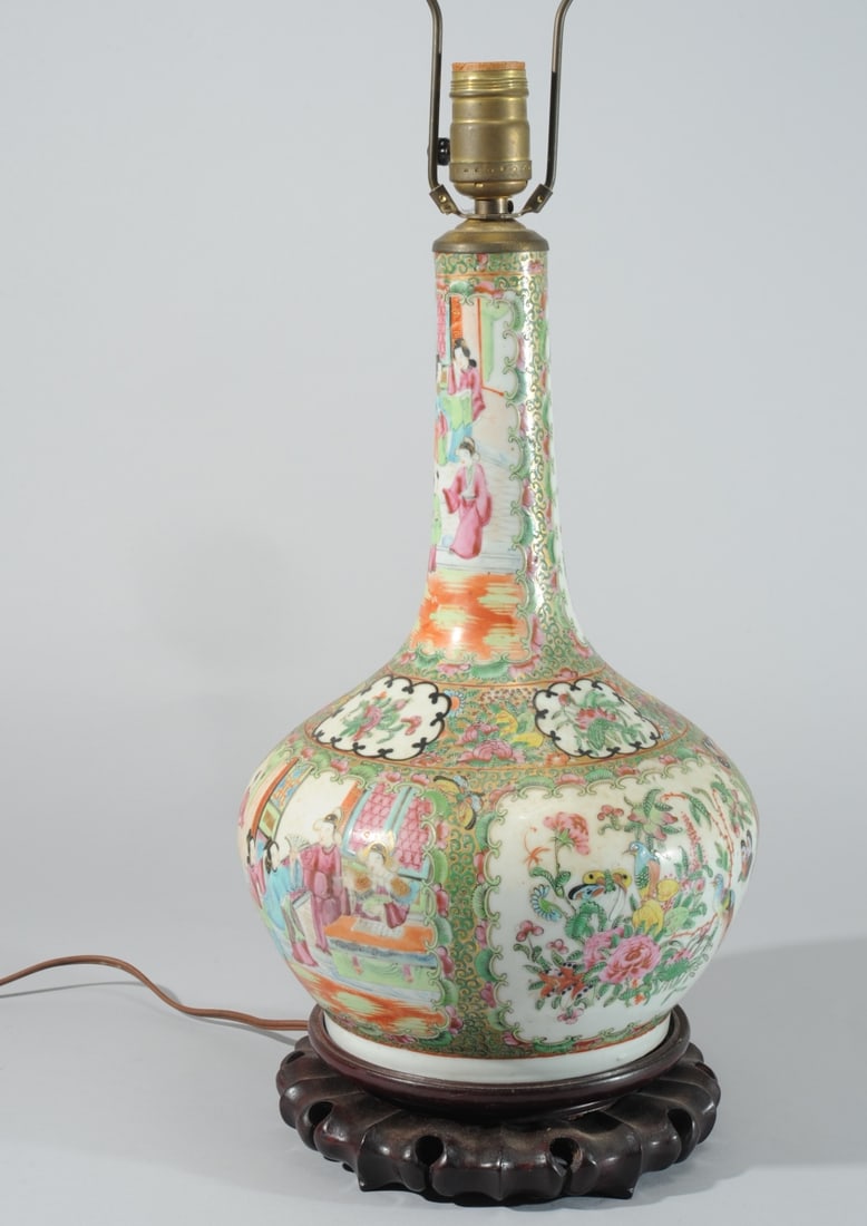 19th C. Chinese Rose Medallion Bottle Vase Lamp (1 of 12)
