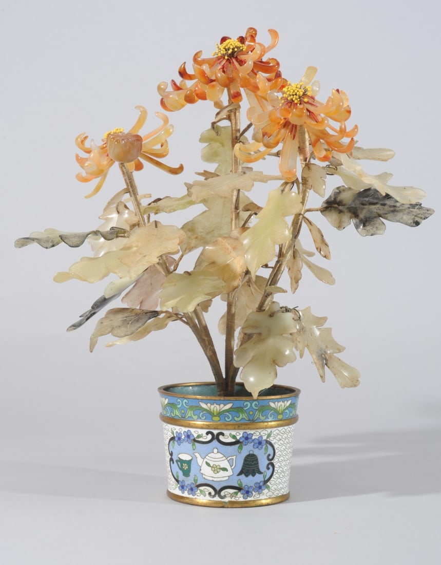 Chinese Jade & Quartz Tree in Cloisonne Pot (1 of 13)