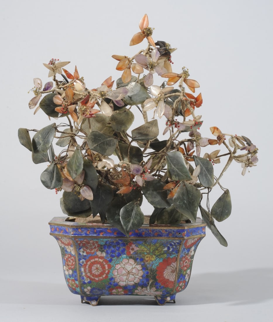 Vintage Chinese Jade / Quartz Tree, Cloisonne Pot (1 of 11)