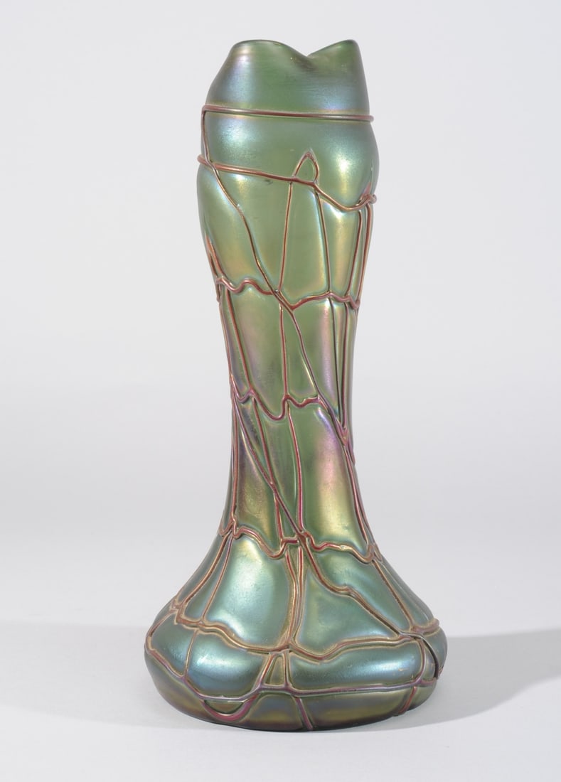 Jugendstil Czech Veined Glass Vase: Iridescent green glass with sinuous red-within-clear glass threads. Wide base narrowing upward and then swelling slightly below the pinched-in neck. Polished pontil. No mark found. Likely Pallme Koeni