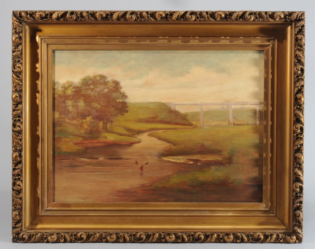 19th C. Oil Painting Landscape w/ Men Fly Fishing (1 of 7)