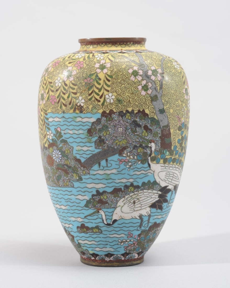 Japanese Meiji Cloisonne Vase w/ Cranes (1 of 7)