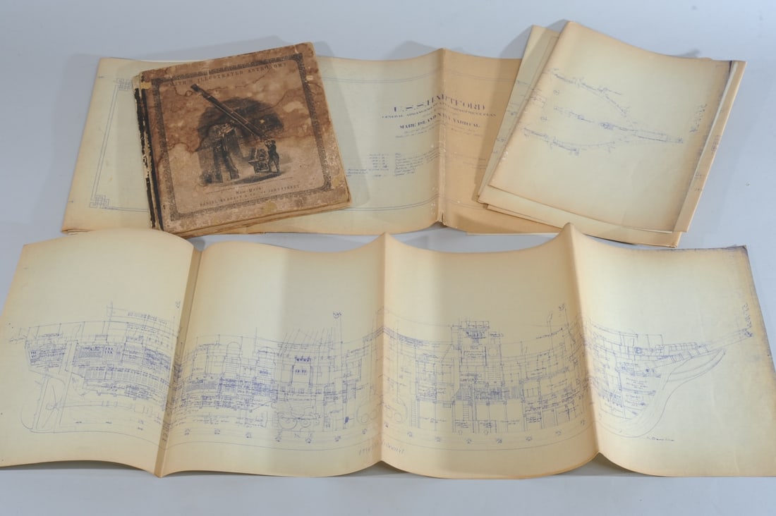 Naval Blueprints, USS Hartford: Extensive blueprints with detailed plans of sloop-of-war steamer the USS Hartford. Signature of U. S. N. Naval Constructor Frank W. Hibbs. Title page reads: U. S. S. Hartford / General Arrangement and