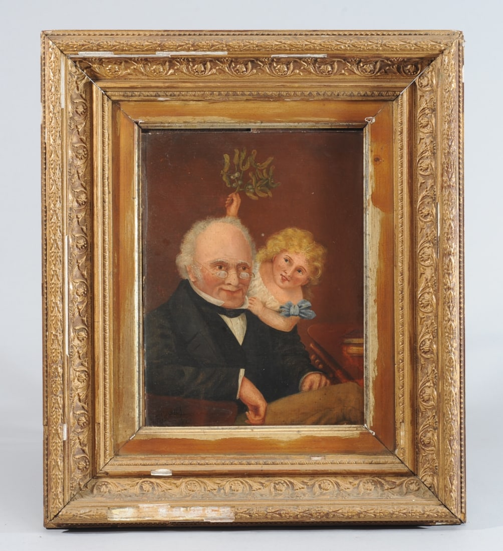 19th C. Oil on Wood Panel: 'Grandfather's Darling' (1 of 7)