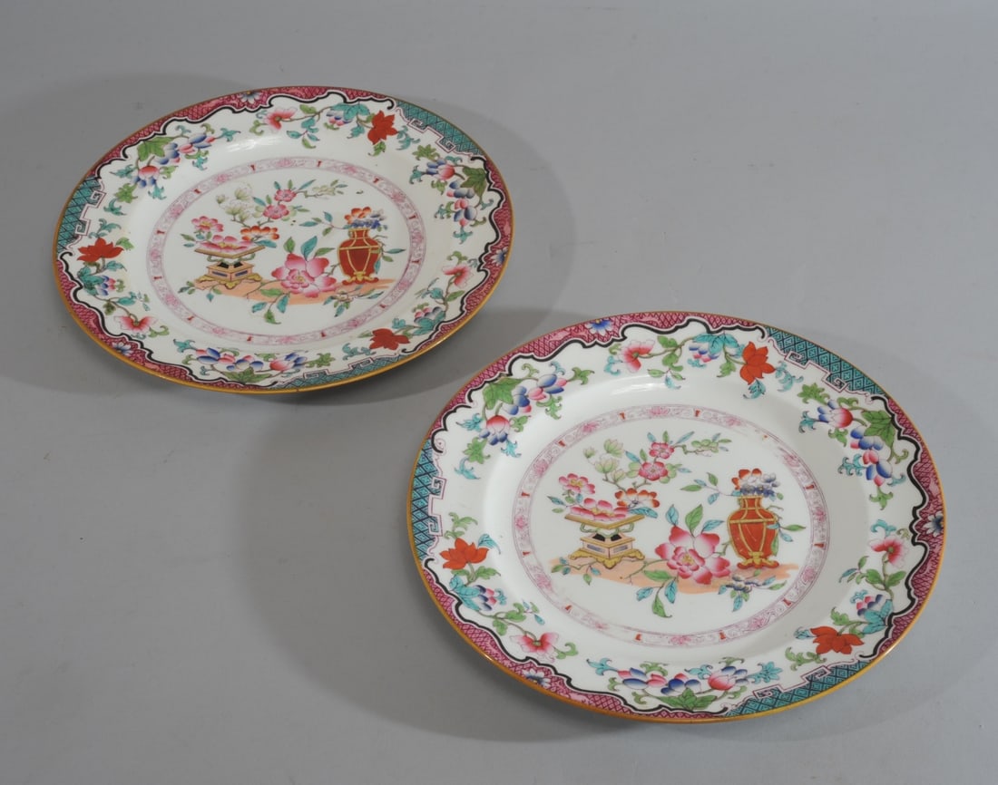 Two Minton "Poonah" Plates: 19th C. English chinoiserie plates in the "Poonah" pattern. Verso marked with pattern name and "M & Co" (Minton), with hand painted number A749. Both approx. 10 1/4" D. Provenance: the estate of John