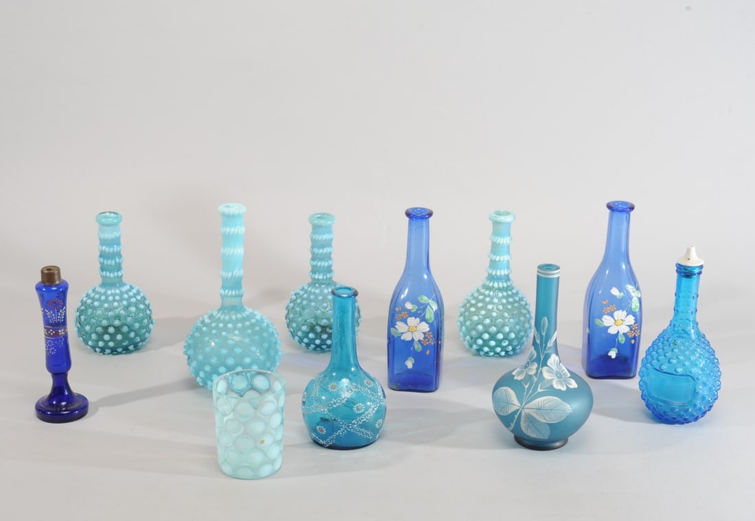 9 Antique Blue Glass Barber Bottles + (1 of 17)