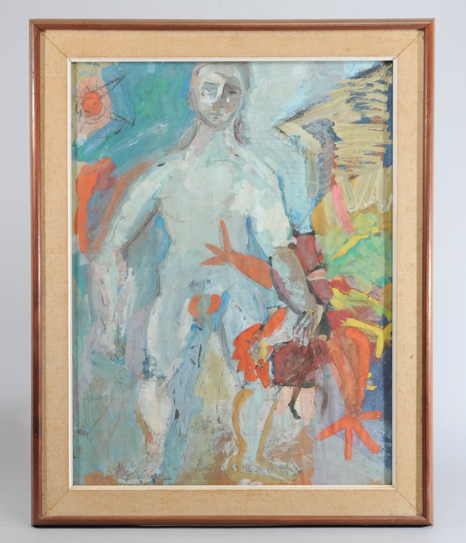 Mid 20th C. Painting Male Nude w/ Rooster: Modernist oil on paper framed under glass, depicting a standing male nude with a rooster, an orange sun, and a dwelling (or coop?) No signature found. Richmond, Virginia frame shop label dates the pai