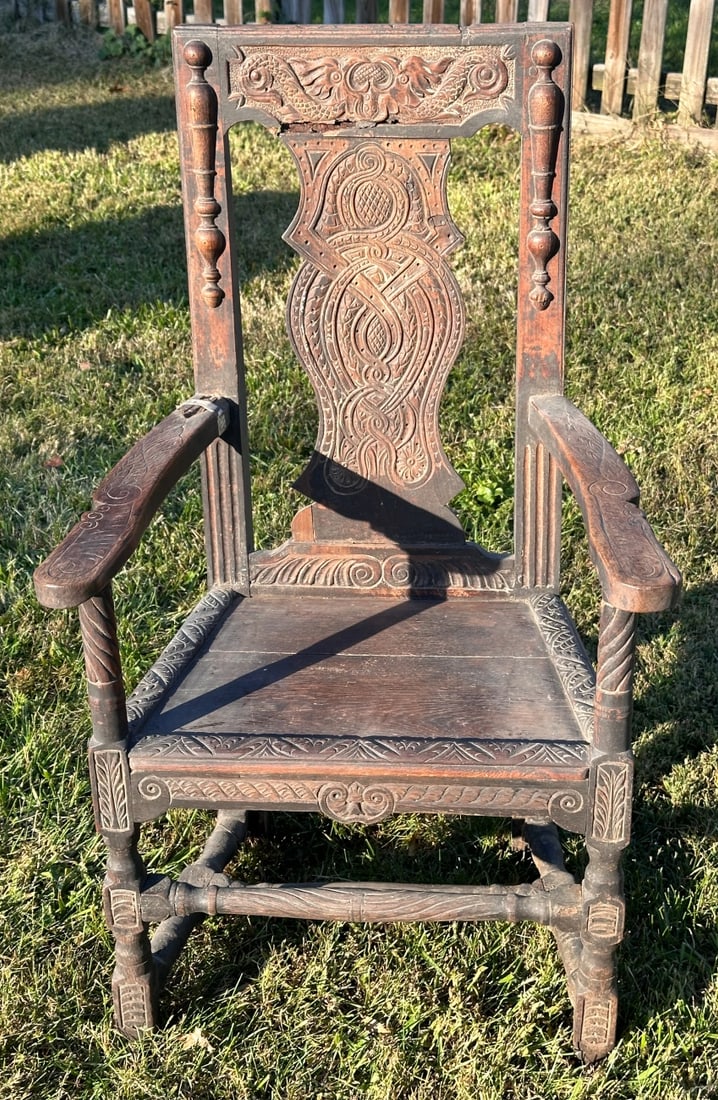 17th C. English Oak Baroque Chair: With later carvings. Some damage and losses / in as-found condition. H: approx. 43". Provenance: the estate of John Long, highly regarded Virginia antiques dealer and collector.