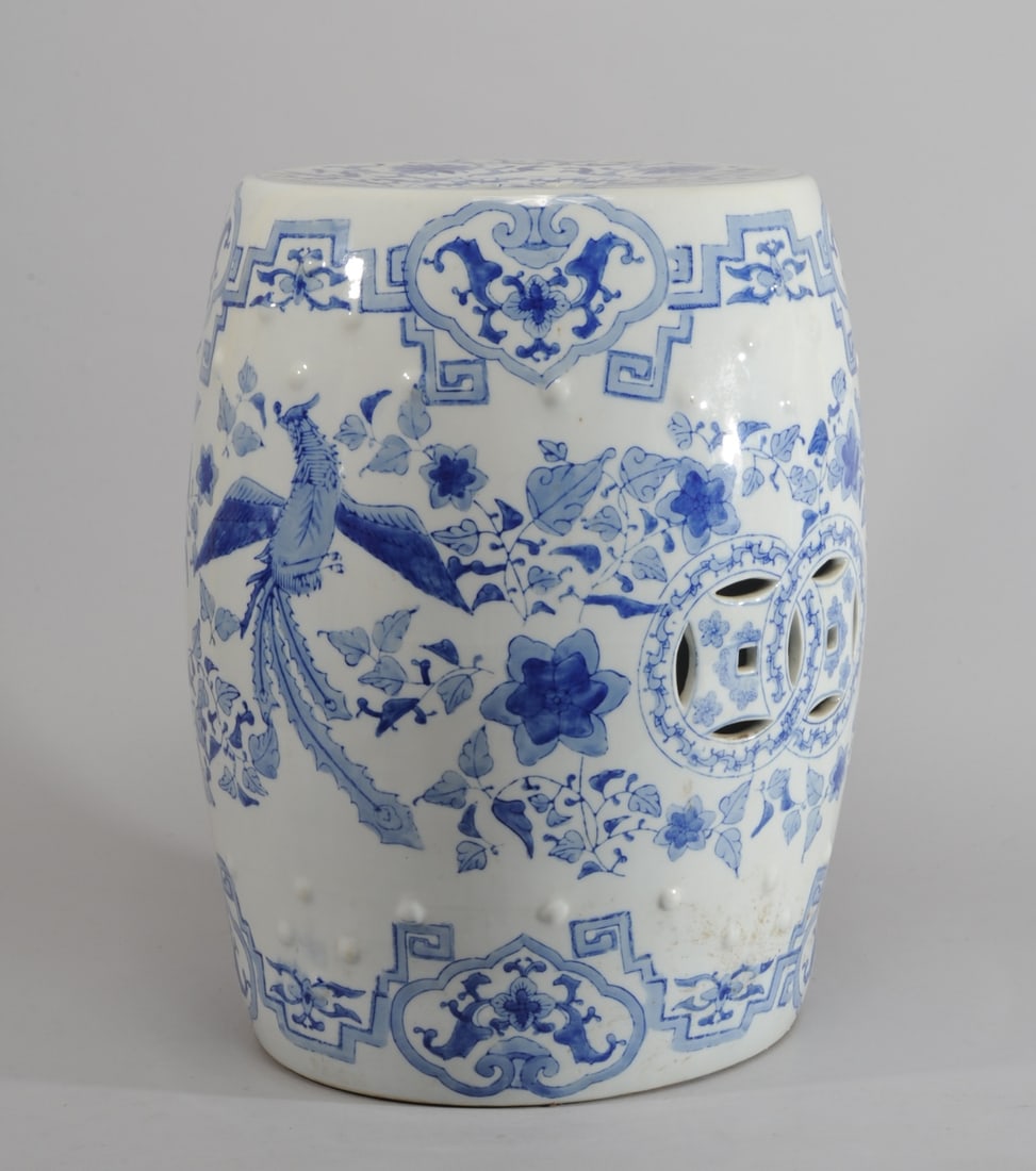 Chinese Blue & White Porcelain Garden Seat: 20th C. With dragons and flowers. Approx. 18 1/2" H, 13" D. Provenance: the estate of John Long, highly regarded Virginia antiques dealer and collector.