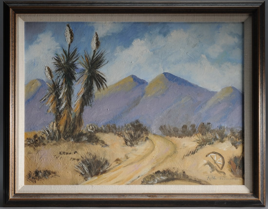 Ruth Peterson (20th C.) Oil on Board: Western landscape by American artist Ruth Peterson, signed lower right, framed. Visible image: approx. 23 1/4" x 17 1/4". Frame: approx. 28" x 22".