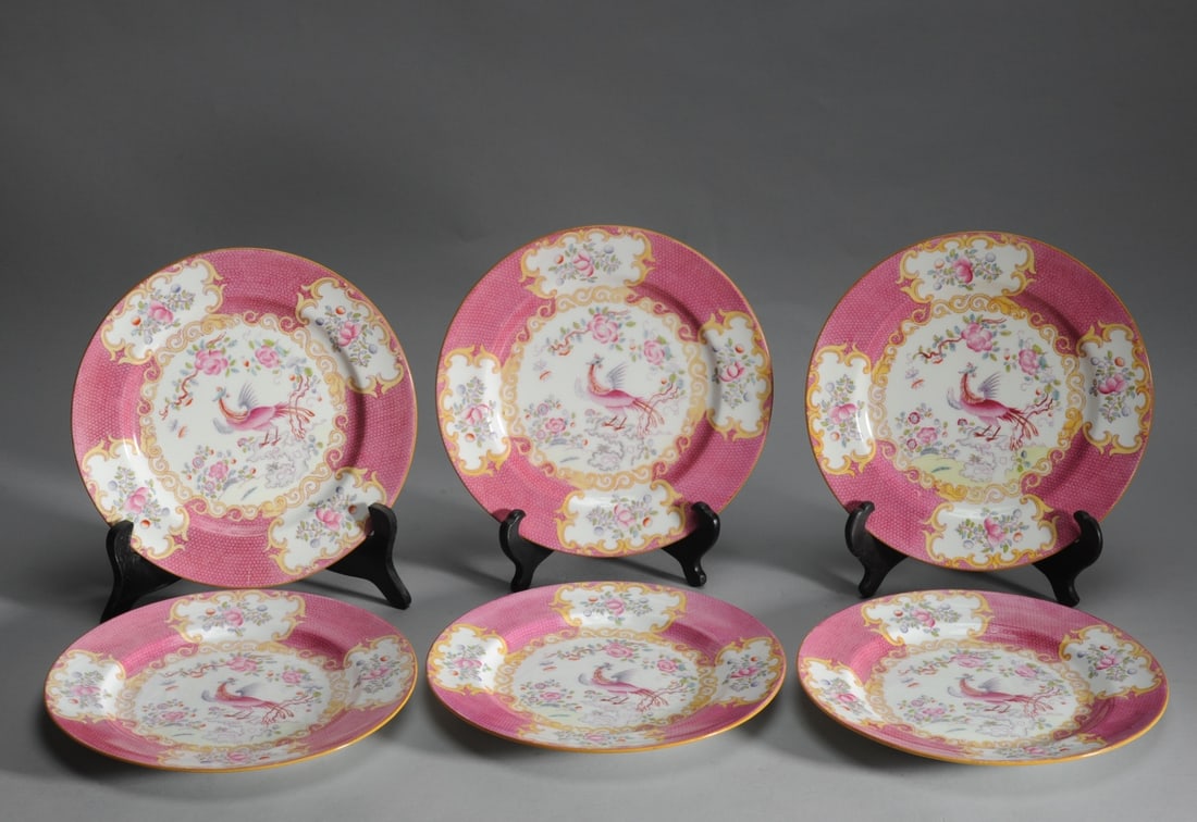 Set of 6 Antique Mintons 'Pink Cockatrice' Plates (1 of 10)