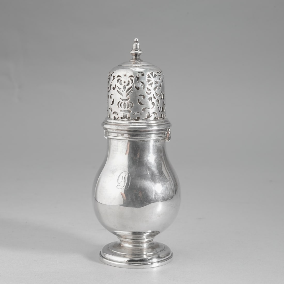 Mappin & Webb Sterling Silver Muffineer: Monogrammed. H: approx. 6 1/2". Weight: approx. 7.26 ozt.