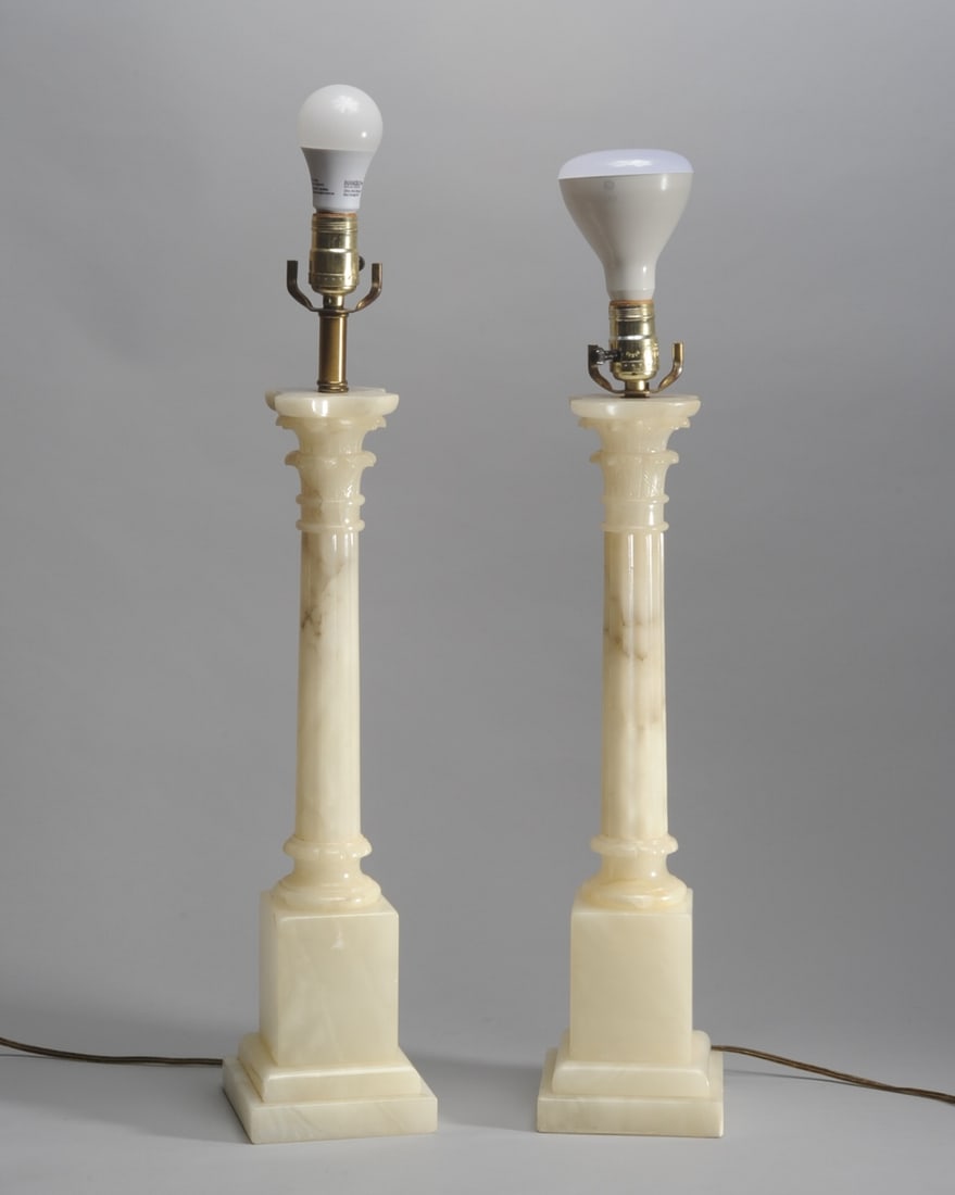 Pair Vintage White Onyx Corinthian Column Lamps: Mid 20th C. Approx. 20" to top of columns.