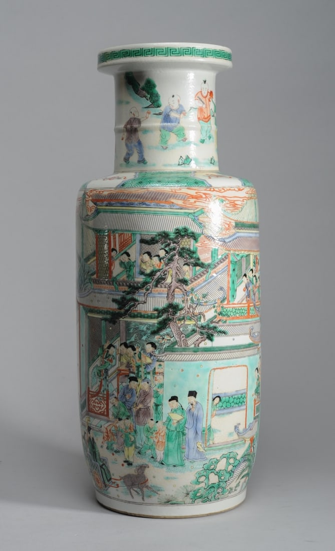 Chinese Famille Verte Rouleau Vase: Enamel decorated, stories of the western chamber?, Kangxi mark but later. H: approx. 18".