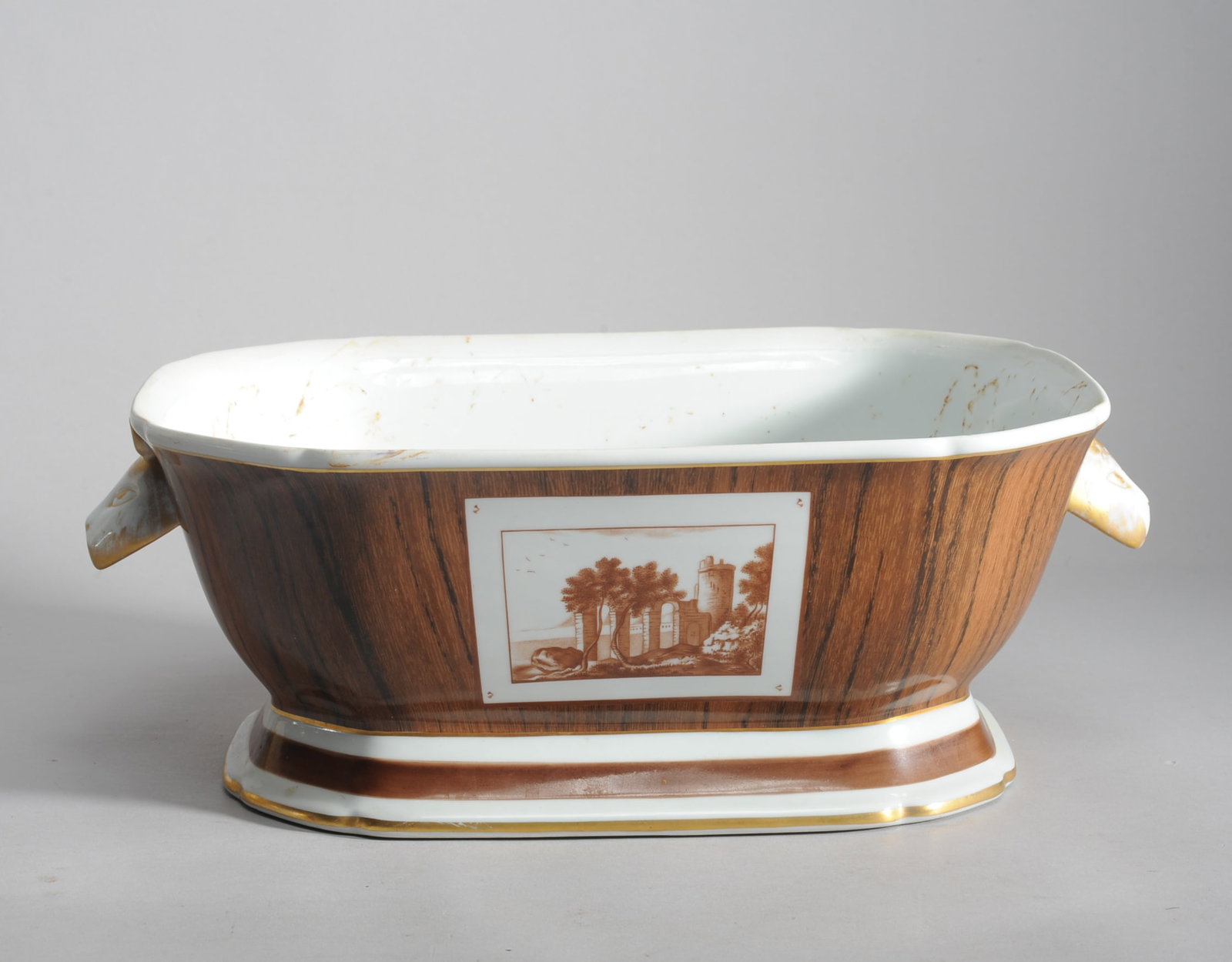 Mottahedeh Vista Allegre Tureen: Mottahedeh for Nieman Marcus tureen, adapted from a 18th C. Niderviller 'wood grain' pattern. Animal (rabbit?) head handles. Unfortunately the cover and underplate are not present, but as is makes a l