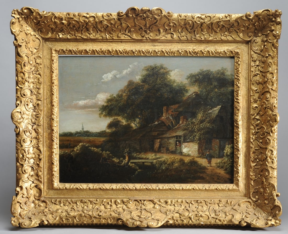 Cornelis Gerritsz Decker (Holland, 1620 - 1678): Oil on wood panel attributed to Cornelis Gerritsz Decker, showing a landscape with figures and farmhouse, with a footbridge over a stream in the foreground and the tower of a church in the background.