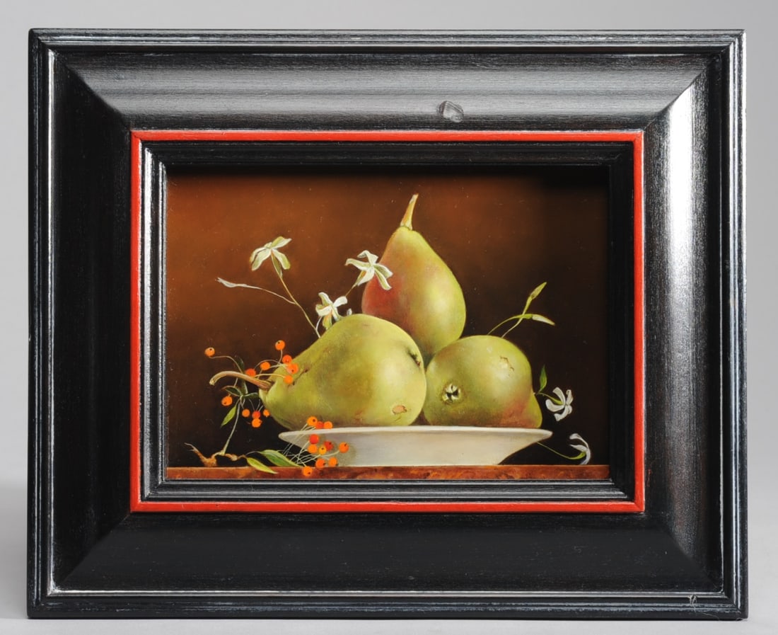 Judith Lamb (American, b. 1942): Oil on panel still life with pears, blossoms and red berries, by American artist Judith Lamb. Signed to verso. Frame, approx. 11" x 9". Sight, approx. 6 3/4" x 4 3/4".
