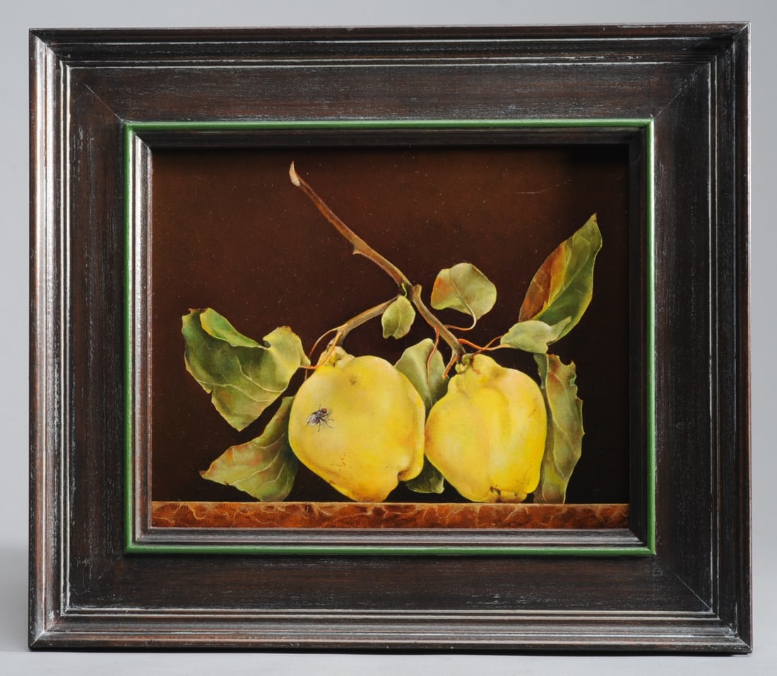 Judith Lamb (American, b. 1942): Oil on panel still life by American artist Judith lamb showing a branch of yellow pears and a fly on a marble tabletop. Signed to verso. Frame, approx. 14 1/4" x 12 1/4". Sight, approx. 9 1/2" x 7 1/2