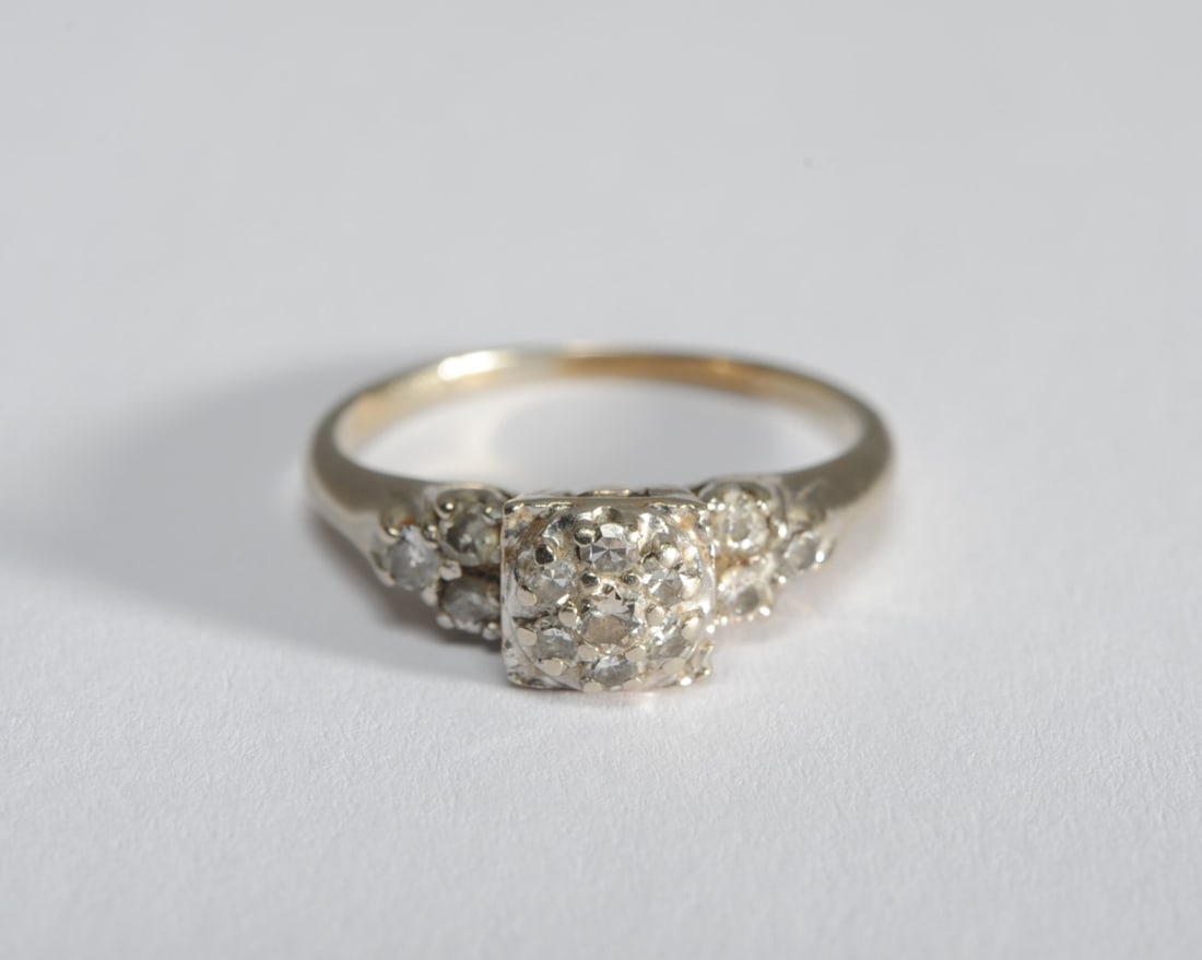 Vintage 14K 13-Diamond Engagement Ring: One diamond chipped. Size 7 1/4. Total weight: approx. 2.9 grams.