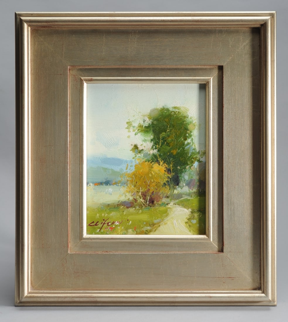 Oil Painting of a Landscape, Signed Clifton: Oil on canvas painting showing a landscape with trees and winding road. Signed lower right Clifton. Gilt frame, approx. 18 1/4" x 16 1/4". Sight approx. 9 1/4" x 7 1/4".