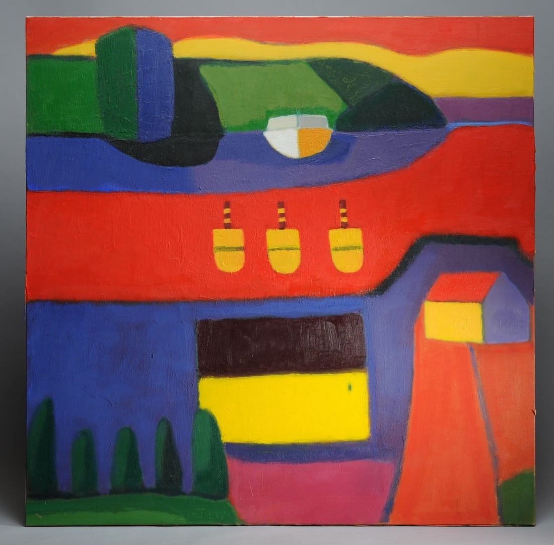 Jan Carl ter Weele (1935 - 2022) Oil on Canvas: "Munhegan" oil on canvas by Jan Carl ter Weele (1935 - 2022), feint signatures to lower and upper right, signed, titled and dated 2015 to verso, unframed. Approx. 35 7/8" x 35 7/8". Jan Carl ter Weele