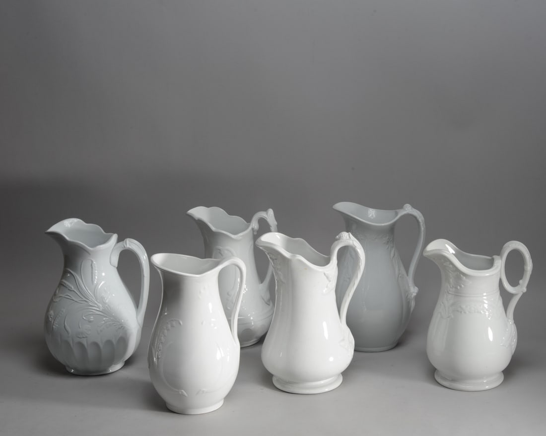 Six White Ironstone Pitchers (1 of 7)