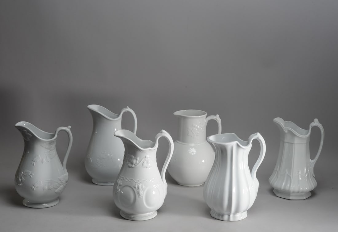 Six White Ironstone Pitchers (1 of 10)