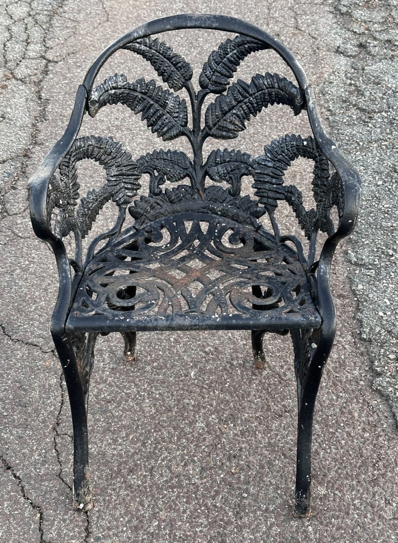 James W. Carr (Richmond, VA) Cast Iron Chair: Cast iron garden chair in the fern pattern by James W. Carr of Richmond, Virginia, late 19th / early 20th century, marked "314" to back. H: approx. 29 3/4".