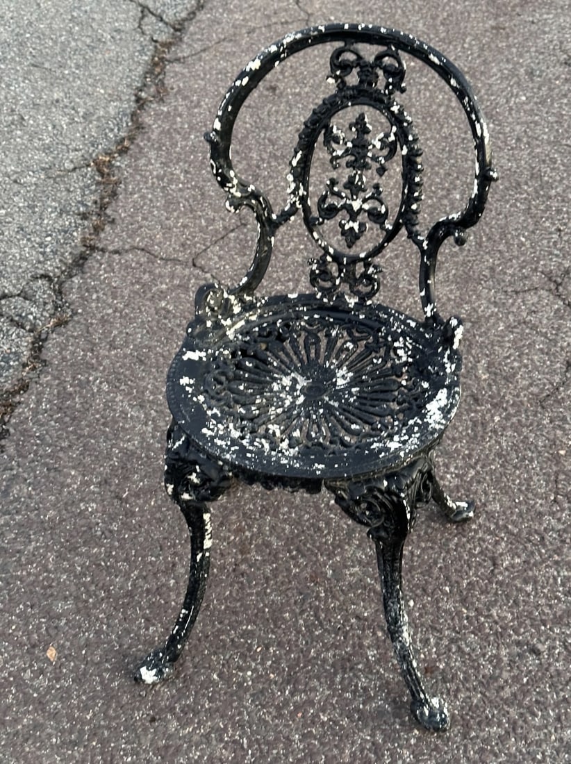 Cast Aluminum Garden Chair: Painted, weathered / in as-found condition. H: approx. 28".
